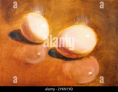 Oil painting depicting two eggs casting reflections on a brown surface, creating a still life composition Stock Photo