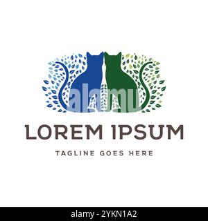 Two Twin Sitting Cat Silhouette with Leaf Leaves Icon Symbol Illustration Logo Design Vector Stock Vector