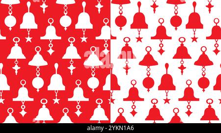 Vector set of seamless patterns with red and white silhouettes of Christmas bells. Collection of holiday wallpapers with xmas decorations. Monochrome Stock Vector