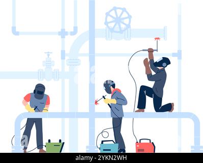 Weld pipes process. Welders in protect masks working with pipelines. Professional repair, welding specialists in uniform. Industrial workers recent Stock Vector