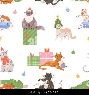 Christmas cats seamless pattern. Cat wear red Santa hat, play with garland and sitting in gift box. Winter holiday print design, vector background Stock Vector