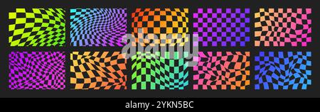 Psychedelic Checkerboard. Neon Groovy hippie 70s backgrounds set. Trippy checkered wallpaper. Retro vector illustration in Y2k style. Funky distorted Stock Vector