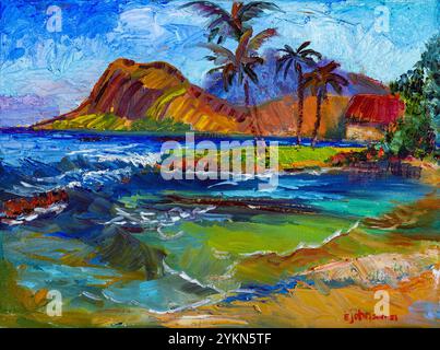 Impasto oil painting of a beautiful tropical beach with palm trees, waves crashing, and chinaman's hat in the background Stock Photo