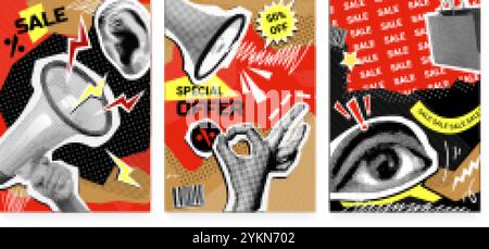 Punk sale posters. Halftone crazy poster, vintage pop art torn retro paper cut layout scream mouth loudspeaker announce discount shopping offer, grunge exact vector illustration original artwork Stock Vector