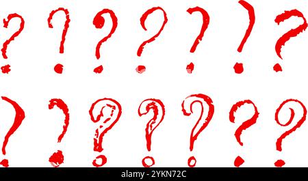 Question mark symbols set. Red pencil school kid handwritten ask signs. Icon collection to highlight an important question in a quiz or questionnaire Stock Vector
