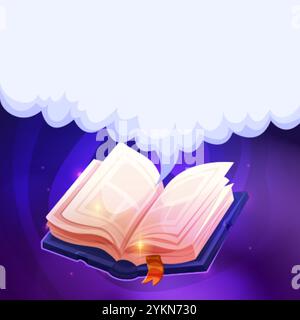 Open book with cloud. Discussing reading books concept, cartoon textbook empty speech bubble white smoke, school library bookstore speaking think diary, swanky vector illustration original artwork Stock Vector
