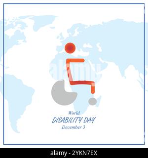 December 3 World Disabled Day. International day of people with disability. Human in wheel chair vector illustration banner on world map. Stock Vector