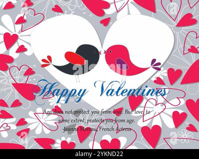 Heart shaped background with two birds kissing on it. The background is pink and grey. The text says Happy Valentine. Highlighted with Loving Quote Te Stock Vector