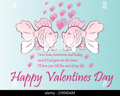 Two fish with hearts on their faces. Happy valentines day. The fish are pink. The background is blue. Highlighted with Loving Quote Text Stock Vector