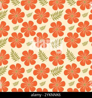 Seamless floral pattern with orange flowers and green leaves on white background. Flower pattern for fabrics, wallpapers, textile and decoration. Stock Vector