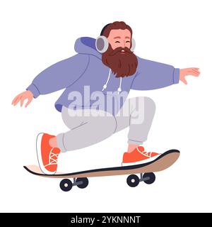 A cheerful bearded man in sneakers skates.Modern guy riding skate board. Extreme skateboarding, summer street sport Stock Vector