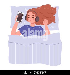 The girl sleeps in bed and listens to music through headphones.Healthy sleep, relaxation, restore energy concept. Stock Vector