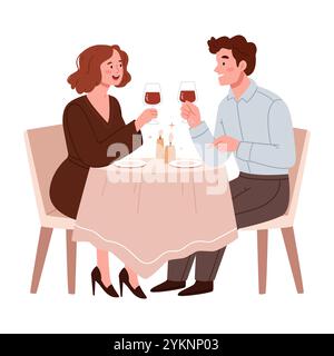A couple in love drinks wine in a candlelit restaurant.Happy man and woman sitting at table and communicate in cafe Stock Vector