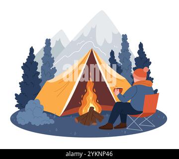 A man drinks coffee while hiking in a mountain forest. A yellow tent near a bonfire. Stock Vector