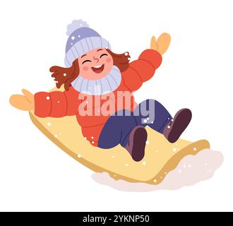 A cheerful girl in winter clothes rides on a sled.Colored flat vector illustration of outdoor activity in wintertime Stock Vector