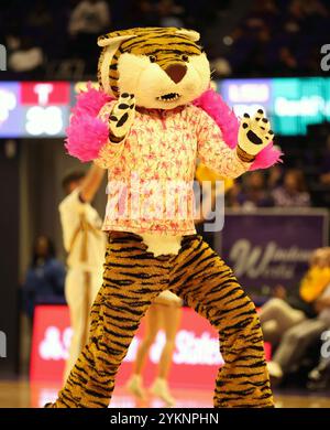 Baton Rouge, United States. 18th Nov, 2024. LSU Lady Tigers mascot Mike the Tiger dances on the court during a women's basketball game at the Pete Maravich Assembly Center on Monday, November 18, 2024 in Baton Rouge, Louisiana. (Photo by Peter G. Forest/SipaUSA) Credit: Sipa USA/Alamy Live News Stock Photo