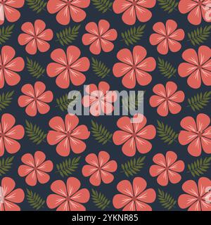 Seamless floral pattern with light red flowers and green leaves on dark blue background. Flower pattern for fabrics, wallpapers, textile. Stock Vector