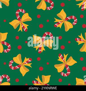 Holiday background with candy canes. Christmas seamless pattern with striped candies, dots and bows. Print for gift wrapping, paper, textile, design, Stock Vector