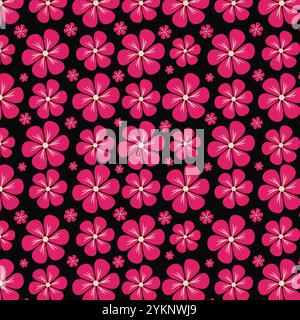Seamless floral pattern with pink flowers on black background. Floral pattern for fabrics, textile, wallpapers and decoration use. Stock Vector