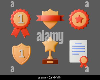 Set of 3D vector illustrations of awards and achievements, including shields, medals, trophies, ribbons, and certificates. Perfect for apps, games Stock Vector