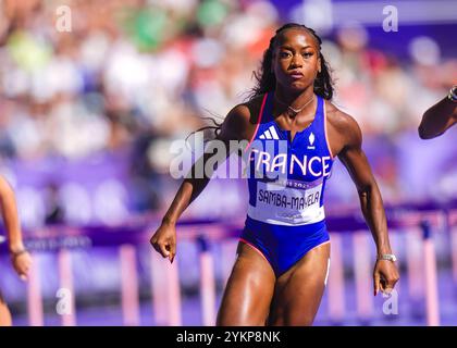 Cyréna Samba-Mayela participating in the 100 meters hurdles at the Paris 2024 Olympic Games. Stock Photo