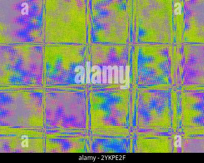 Mosaic square titles texture background. Squares in neon pink and green colours. The wall made of little blocks of irregular shape. Seamless elements. Stock Photo