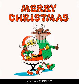 Retro style merry Christmas card with groovy santa claus and deer. Groovy vintage funny Santa Claus and reindeer with happy faces. Stock Vector