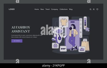 AI Stylist concept. A friendly robot helps a woman choose clothes through a digital interface on a website. Fashion technology revolution. Vector illustration. Stock Vector