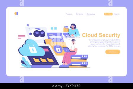AI Cybersecurity concept. Digital illustration showing cloud security services with tech-savvy users and AI guard. Online data protection in modern interface. Vector illustration. Stock Vector