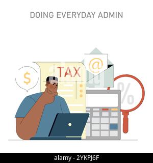 Builder's daily routine concept. A man manages construction project finances on a laptop with tax documents and email. Efficient work organization. Vector illustration. Stock Vector