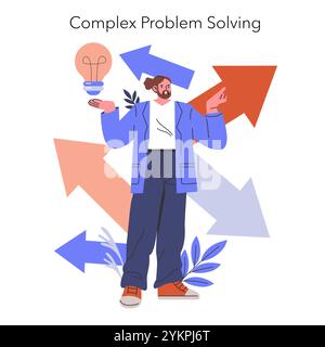 Complex Problem Solving concept. Illustration of a person weighing options with arrows and a light bulb idea. Critical thinking and decision-making process. Vector illustration. Stock Vector