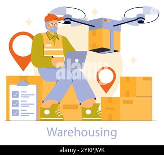 Logistics manager concept. Expert oversees drone delivery at a modern warehouse. Inventory control and shipping efficiency. Vector illustration. Stock Vector
