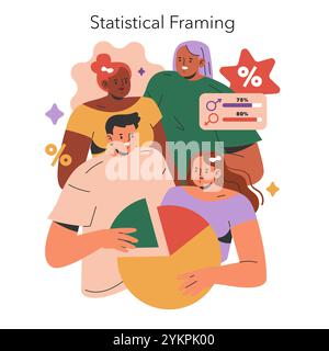Cognitive Framing concept. Diverse group analyzing data and trends through statistical graphics. Interpretation of information using pie charts. Vector illustration. Stock Vector