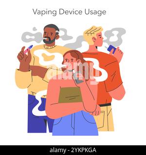 EVALI concept illustration. Three individuals using vaping devices with visible smoke, highlighting the prevalence of e-cigarette use. Vector illustration. Stock Vector