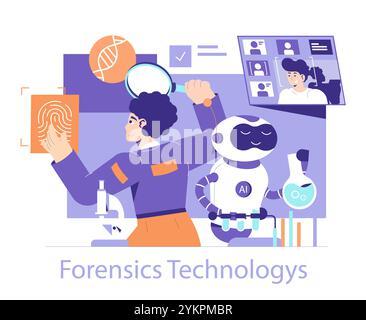 Forensics Technologies concept. Illustration of a crime scene investigator with modern gadgets and AI assistance. DNA analysis and digital profiling in action. Vector illustration. Stock Vector