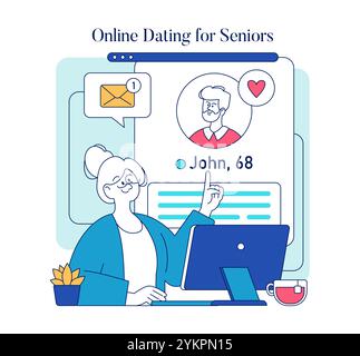 Online Dating for Seniors concept. A senior woman explores potential matches on a dating website, engaging in modern love life. Vector illustration. Stock Vector