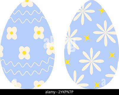 Easter Eggs flowers, wavy lines and decorative stars decorated in trendy shades. Greetings elements Set 2. Isolated Vector Illustration Stickers, Icon, Motion or cards, leaflets, banners or web promo Stock Vector
