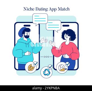 Online Dating App Match concept. Man and woman engaging in conversation through a dating application, finding common interests. Vector illustration. Stock Vector