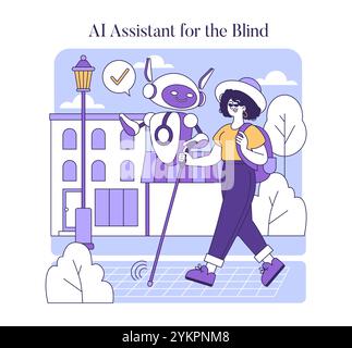 AI Assistant for the Blind concept. An illustration showcasing a robot aiding a visually impaired person with navigation in an urban setting. Accessibility technology assistance. Vector illustration. Stock Vector