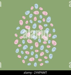 Colorful Easter eggs with blooming twigs shaped egg on green background. Easter greeting design idea. Isolated Vector illustration Media posting, blogs, greeting cards, banner, leaflets or web promo Stock Vector