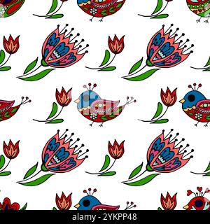 Folk bird and flower ornament. Seamless pattern. Pattern in hand draw style, created for fabrics, etc Stock Vector