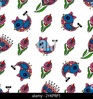 Seamless pattern. Folk bird and flower ornament. Pattern in hand drawn style. Print Stock Vector