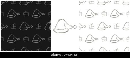 Christmas holidays. New Year's hats, gifts. Set Monochrome pattern in hand draw style. Can be used for fabric and etc Stock Vector