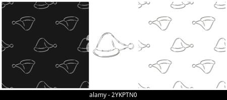 Christmas hats. Set Monochrome patterns in hand draw style. New Year. Can be used for fabric, packaging, wrapping paper and etc Stock Vector
