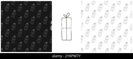 Christmas holidays. Gifts. Set Monochrome patterns in hand draw style. Can be used for fabric, packaging, wrapping and etc Stock Vector