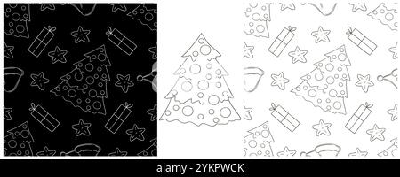 New Year holidays. Christmas tree, gifts, candies. Set Monochrome patterns in hand draw style. Can be used for fabric Stock Vector