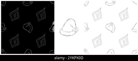 Christmas holidays. Set Monochrome Seamless patterns in hand draw style. Christmas toys, hats, gifts. Can be used for fabric and etc Stock Vector