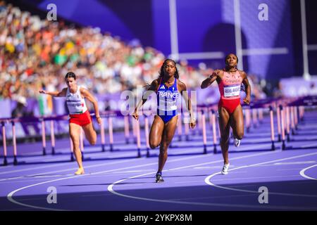 Cyréna Samba-Mayela participating in the 100 meters hurdles at the Paris 2024 Olympic Games. Stock Photo