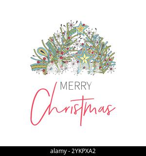Hand drawn Noel ornament, Merry Christmas card, with decorated stars and branches on white background. . Vector illustration Stock Vector