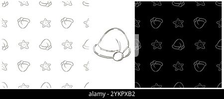 Christmas holidays. Set Monochrome patterns in hand draw style. New Year's hats, stars. Can be used for fabric and etc Stock Vector